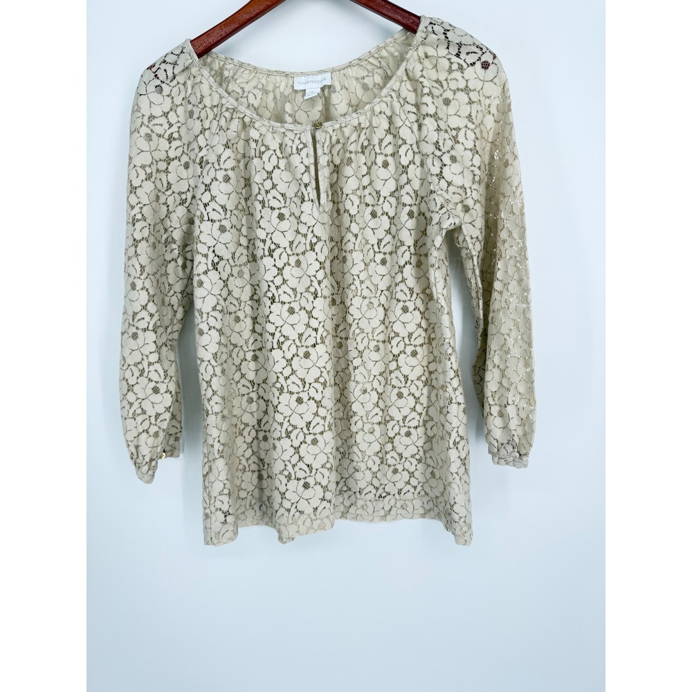 Charter Club Womens Blouse Large Whimsical Boho Romantic Coquette Floral Lace